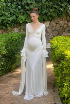 White Lace Ruffle Ruched Draped Big Swing Elegant Maternity Maxi Dress - Momymoments