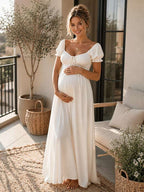 White Ruffle Ruched Lace-up Summer Beach Photoshoot Maternity Baby Shower Maxi Dress for Maternity