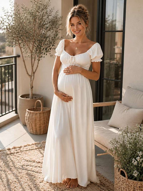 White Ruffle Ruched Lace-up Summer Beach Photoshoot Maternity Baby Shower Maxi Dress for Maternity