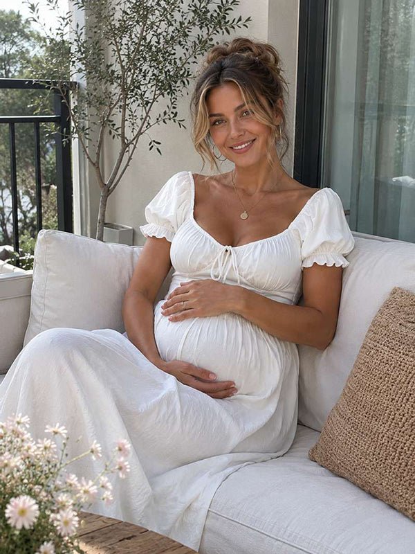 White Ruffle Ruched Lace-up Summer Beach Photoshoot Maternity Baby Shower Maxi Dress for Maternity