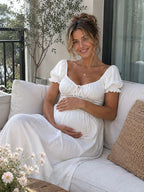 White Ruffle Ruched Lace-up Summer Beach Photoshoot Maternity Baby Shower Maxi Dress for Maternity