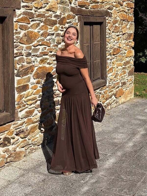 Chic Mesh Off Shoulder Draped Cocktail Maternity Maxi Dress for Maternity