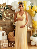 Chic Yellow Pleated Flowy Backless Tie Back Baby Shower Maternity Maxi Dress for Maternity