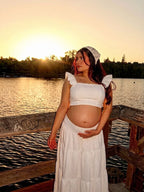 Chic White Two Piece Falbala A-line Shirring Vacation Maternity Maxi Dress for Maternity