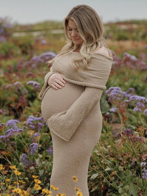 Solid Color Off Shoulder Hollow Out Knitwear Bodycon Beach Vacation Dress Baby Shower Maternity Maxi Dress for Maternity