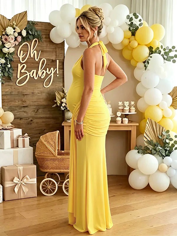 Ruched Bowknot Draped Backless Halter Neck Bodycon Baby Shower Maternity Maxi Dress for Maternity