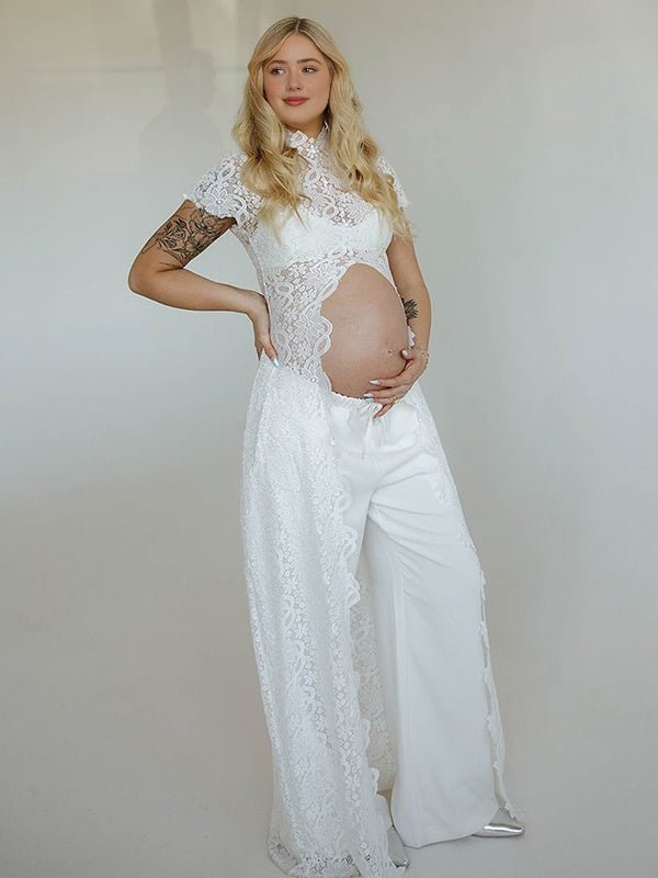 Chic White Side Slit Lace Photoshoot Vacation Two Piece Maternity Top Pant for Maternity