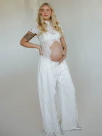 Chic White Side Slit Lace Photoshoot Vacation Two Piece Maternity Top Pant for Maternity
