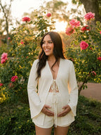 Chic Beige Two Piece Lace-up Side Slit Maternity Top Short for Maternity