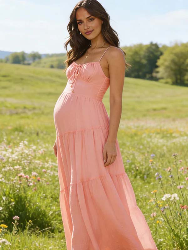 Spaghetti Strap Splicing Lace Up Open Back Maternity Photoshoot Maxi Dress for Maternity
