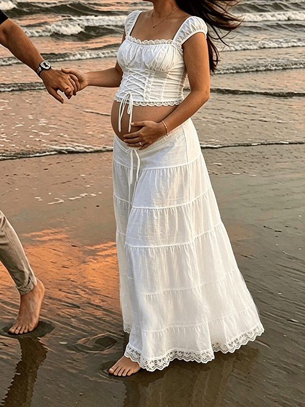 Sweet White Lace Lace Up Two Piece Photoshoot Maternity Maxi Dress for Maternity