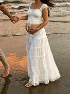 Sweet White Lace Lace Up Two Piece Photoshoot Maternity Maxi Dress for Maternity