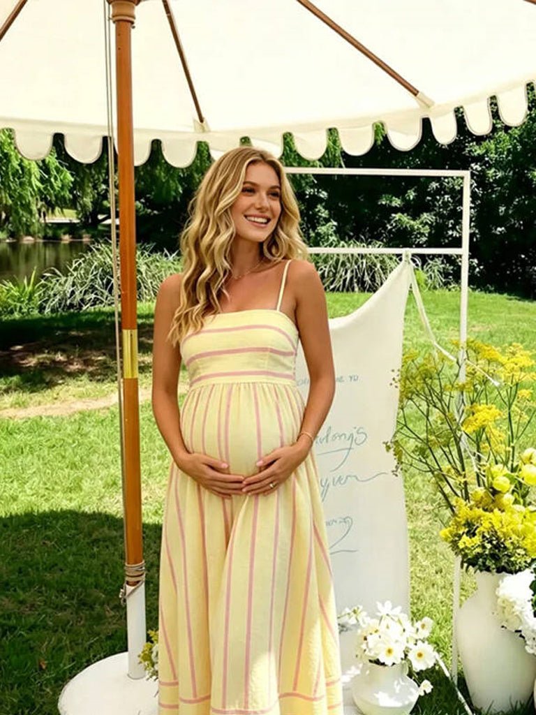 Striped Spaghetti Straps Backless Maternity Photoshoot Midi Dress for Maternity