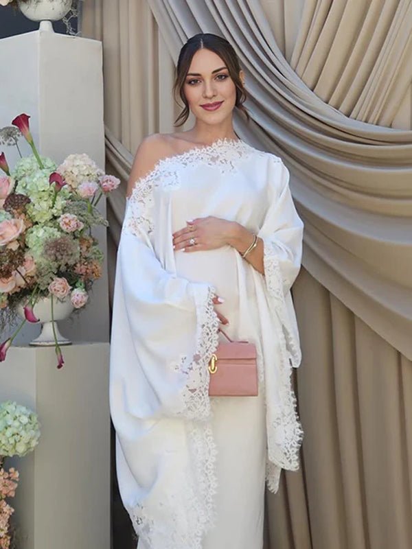 White Lace Ruffle One Shoulder Cape Two Piece Set Maternity Maxi Dress for Maternity