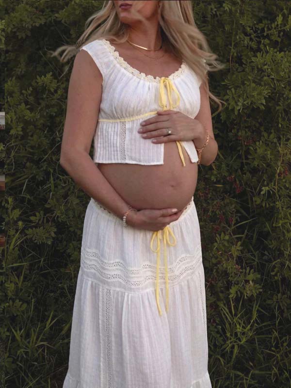 White Lace Ribbon High Waisted Two Piece Maternity Photoshoot Maxi Dress for Maternity