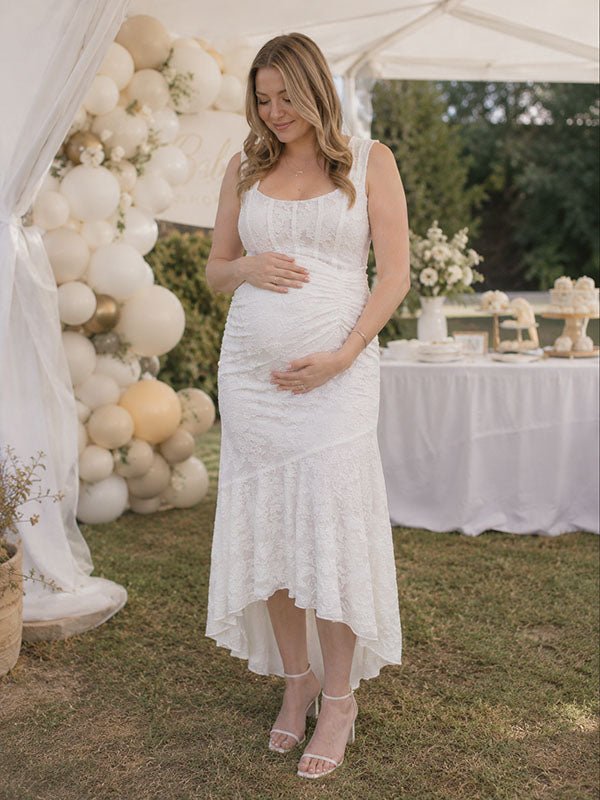 Elegant Beige Ruched Floral Irregular Mermaid Bodycon Maternity Baby Shower Maxi Dress for Maternity