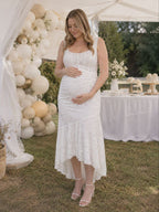 Elegant Beige Ruched Floral Irregular Mermaid Bodycon Maternity Baby Shower Maxi Dress for Maternity