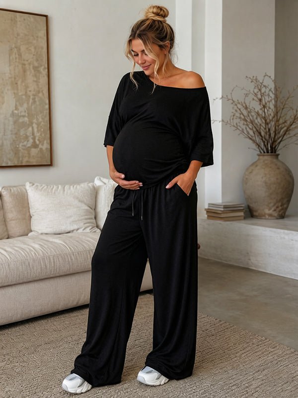 Daily Two Piece Oblique Shoulder Maternity Strapless Top Wide Leg Pant for Maternity