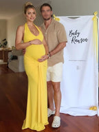 Ruched Bowknot Draped Backless Halter Neck Bodycon Baby Shower Maternity Maxi Dress for Maternity