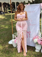 Halter Neck Ruffle Lace Side Slit Ruched Maternity Baby Shower Maxi Dress for Maternity