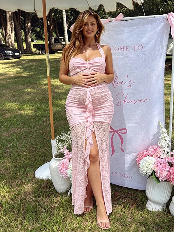 Halter Neck Ruffle Lace Side Slit Ruched Maternity Baby Shower Maxi Dress for Maternity