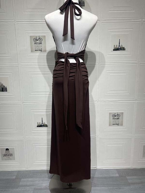 Pink Halter Neck Backless Ruched Tie Back Maternity Baby Shower Maxi Dress for Maternity
