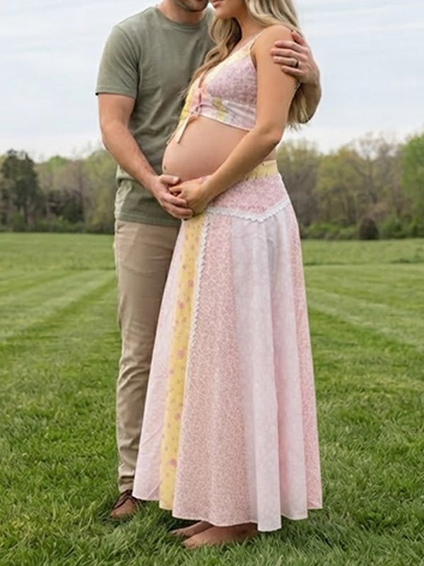 Pink Spaghetti Strap Smocked Print Lace Up Maternity Photoshoot Maxi Dress for Maternity