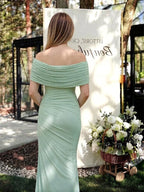 Green Oblique Shoulder Ruched Bodycon Backless Maternity Baby Shower Maxi Dress for Maternity