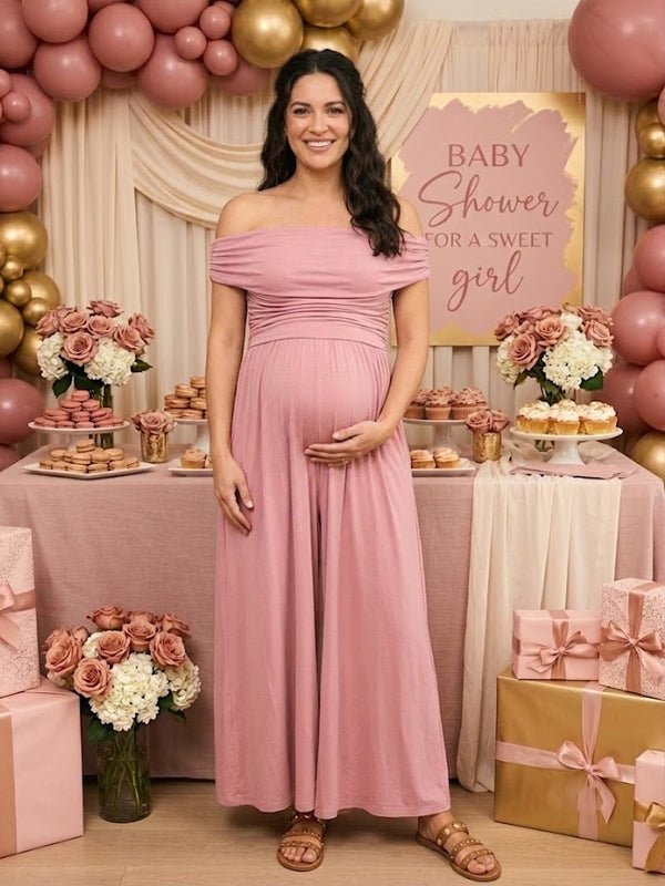 Off Shoulder Ruched Pocket Backless Maternity Baby Shower Maxi Dress for Maternity