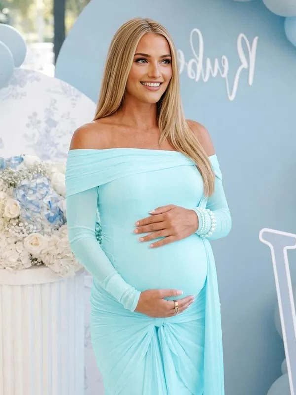 Blue Mesh Off Shoulder Ruched Bowknot Draped Maternity Maxi Dress for Maternity