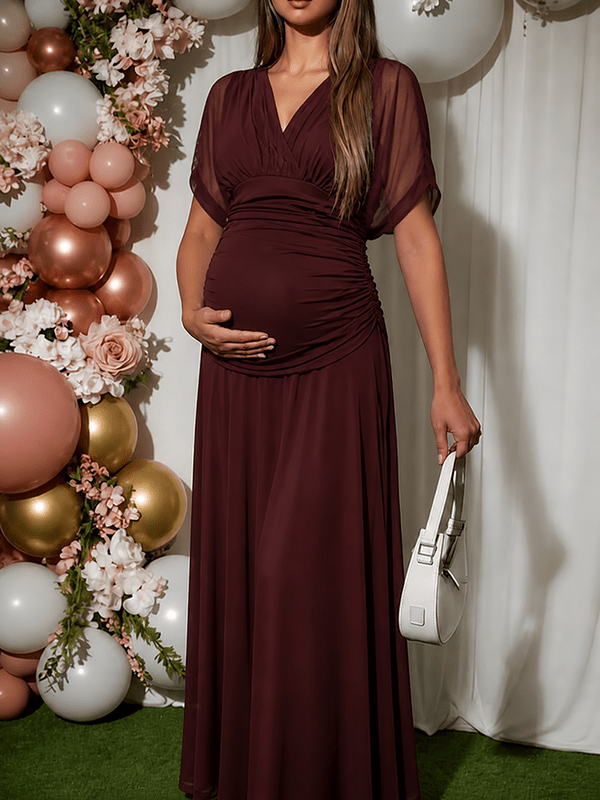 Chic Grenadine Ruched Off Shoulder Flowy Baby Shower Maternity Maxi Dress for Maternity