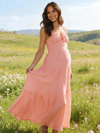 Spaghetti Strap Splicing Lace Up Open Back Maternity Photoshoot Maxi Dress for Maternity