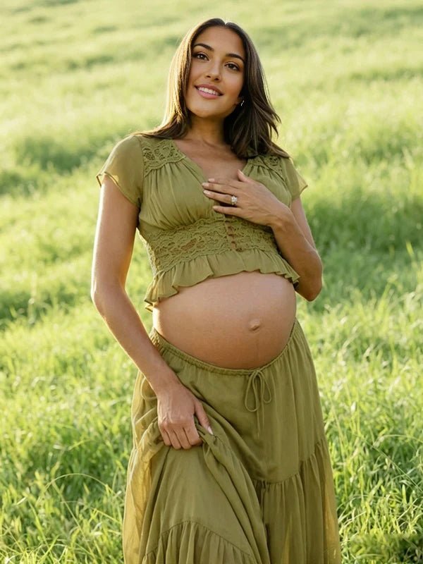 Green Lace Button Lace Up Splicing Two Piece Maternity Photoshoot Maxi Dress for Maternity