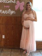 Light Pink Polka Dot Bow Ruffle Falbala Tie-shoulder A-line Tulle Princess Dress Maxi Dress for Maternity