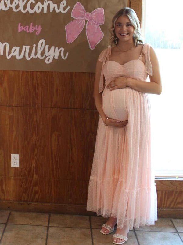Light Pink Polka Dot Bow Ruffle Falbala Tie-shoulder A-line Tulle Princess Dress Maxi Dress for Maternity
