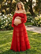 Elegant Red Ruffle Off Shoulder Flowy Falbala Two Piece Photoshoot Maternity Maxi Dress for Maternity