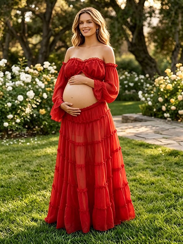 Elegant Red Ruffle Off Shoulder Flowy Falbala Two Piece Photoshoot Maternity Maxi Dress for Maternity