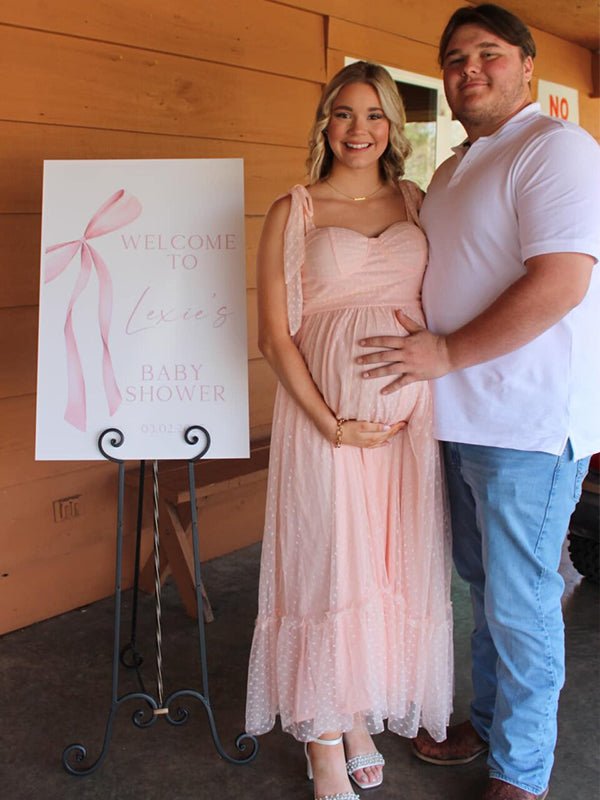 Light Pink Polka Dot Bow Ruffle Falbala Tie-shoulder A-line Tulle Princess Dress Maxi Dress for Maternity
