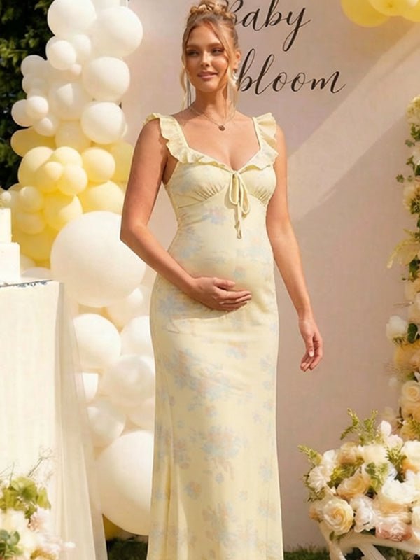 Chic Yellow Floral Falbala Bowknot Bodycon Mermaid Baby Shower Maternity Maxi Dress for Maternity