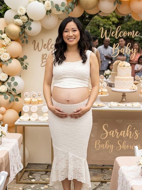White Lace Backless Lace Up Two Piece Maternity Baby Shower Maxi Dress for Maternity