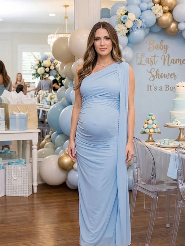 Chic Off Shoulder Side Draped Ribbons Mesh Bodycon Baby Shower Maternity Maxi Dress for Maternity