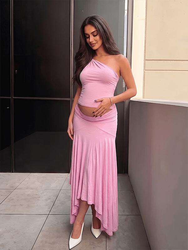 Off-shoulders Irregular Ruffle Two Piece Maternity Photoshoot Maxi Dress for Maternity