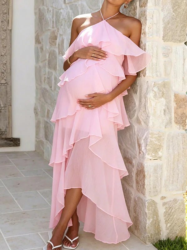 Halter Neck Ruffle Backless Falbala Lace Up Maternity Baby Shower Maxi Dress for Maternity