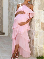 Halter Neck Ruffle Backless Falbala Lace Up Maternity Baby Shower Maxi Dress for Maternity