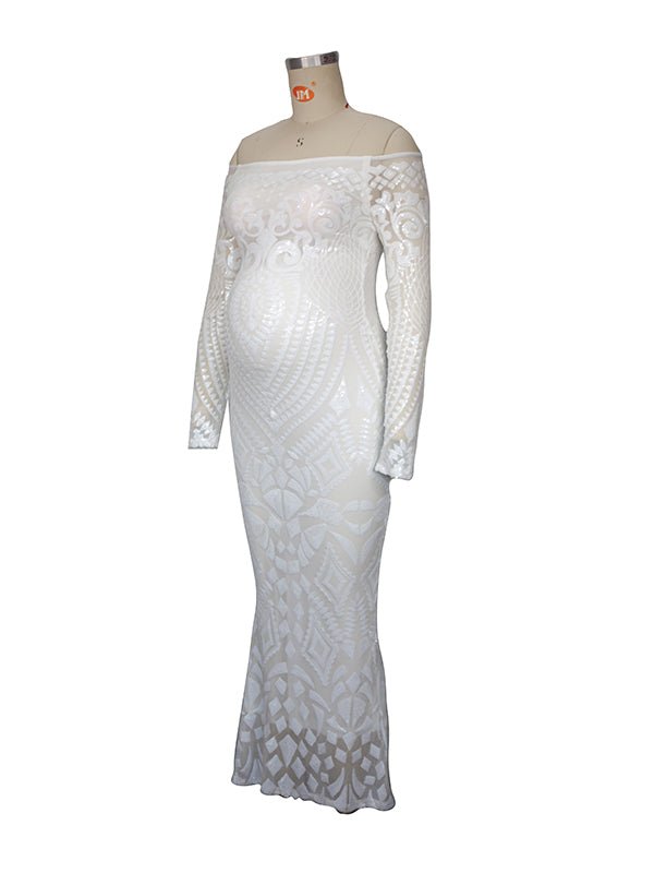 White Lace Sequin Off Shoulder Mermaid Bodycon Wedding Gown Baby Shower Elegant Foamal Maternity Photoshoot Maxi Dress for Maternity