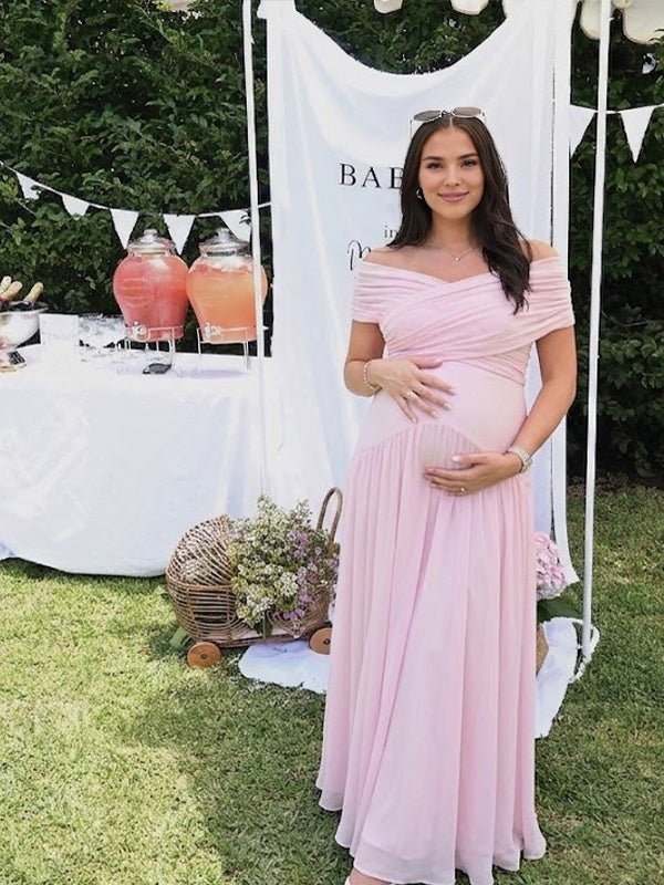 Pink Cross Chest Ruched Sheer Maternity Baby Shower Maxi Dress for Maternity