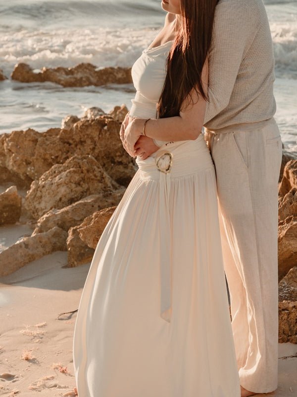 Khaki Oblique Shoulder Smocked Lace Up Two Piece Maternity Photoshoot Maxi Dress for Maternity