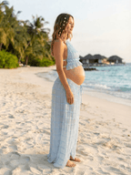 Sweet Blue Ruched Lace-up Two Piece Maternity Maxi Dress for Maternity