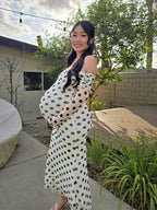 White Off Shoulder Olive Green Polka Dot Bodycon Boho Photoshoot Baby Shower Maternity Maxi Dress for Maternity