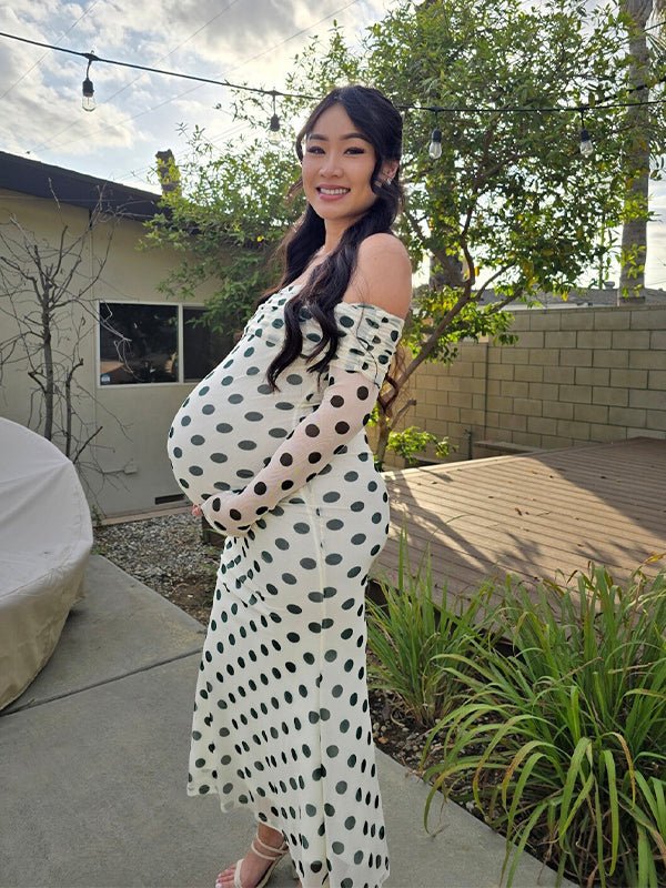 White Off Shoulder Olive Green Polka Dot Bodycon Boho Photoshoot Baby Shower Maternity Maxi Dress for Maternity